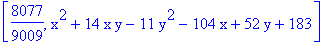 [8077/9009, x^2+14*x*y-11*y^2-104*x+52*y+183]